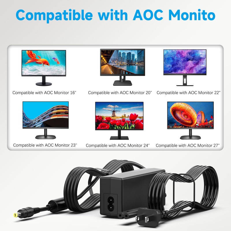 LJO-EEIH كابل طاقة 12 فولت متوافق مع شاشة AOC 16" 20" 22" 23" 24" 27"؛ E1659FWU، E2043FK، E2243FW، E2243FWK، E2343FK، LM520، LM720، LM729، LM800، LM914 كابل بديل لمصدر الطاقة - Image 4